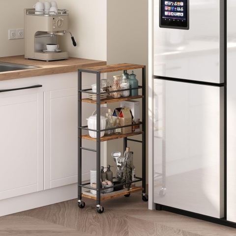 Wózek do serwowania na kółkach, wózek z 4 poziomami drewno i metal