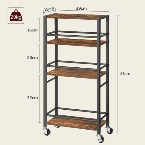 Wózek do serwowania na kółkach, wózek z 4 poziomami drewno i metal