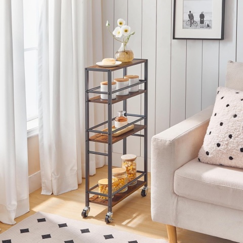 Wózek do serwowania na kółkach, wózek z 4 poziomami drewno i metal
