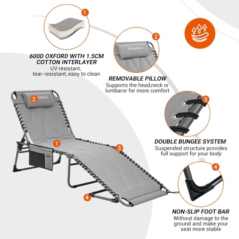 Zestaw 2 leżaków KingCamp składanych z poduszką, 5 pozycji ogrodowe plażowe