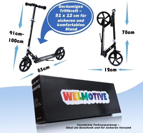 Hulajnoga miejska składana dla dzieci i dorosłych do 100kg czarna Welmotive