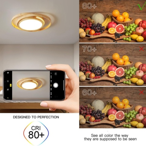 Lampa sufitowa LED, drewno, 52 cm, 2 okrągłe pierścienie, z pilotem