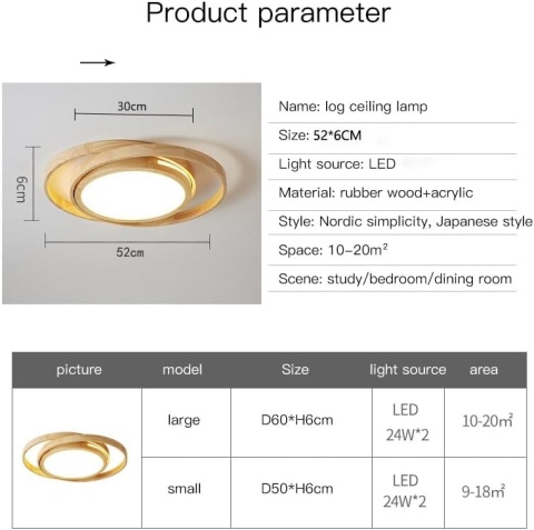 Lampa sufitowa LED, drewno, 52 cm, 2 okrągłe pierścienie, z pilotem