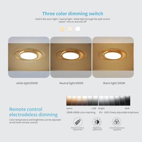 Lampa sufitowa LED, drewno, 52 cm, 2 okrągłe pierścienie, z pilotem