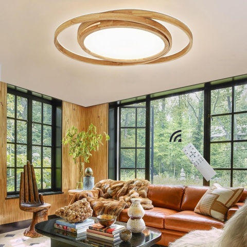 Lampa sufitowa LED, drewno, 52 cm, 2 okrągłe pierścienie, z pilotem