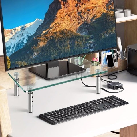 PODSTAWKA POD MONITOR, stojak 2sztuki, szklany z regulacją wysokości