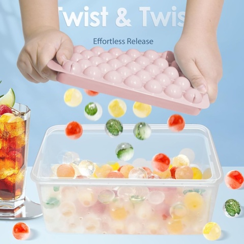 WIBIMEN Foremka Do Kostek Lodu Okrągłe 66 Sztuk Z Pojemnikiem Różowa