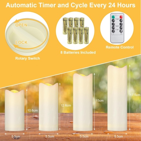 EXTSUD Wodoszczelne świece LED z funkcją timera, 4 sztuki, migoczące