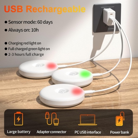 daphomeu Ściemniana lampka nocna z czujnikiem ruchu, ładowana przez USB 6 szt
