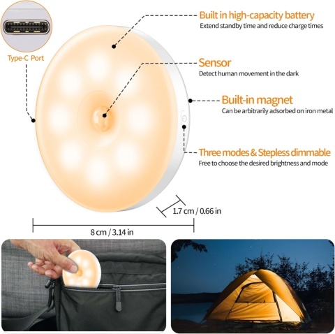 daphomeu Ściemniana lampka nocna z czujnikiem ruchu, ładowana przez USB 6 szt