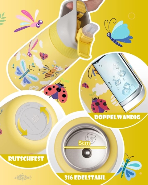 Fjbottle Izolowana butelka dla dzieci ze słomką 350 ml, szczelna, bez BPA