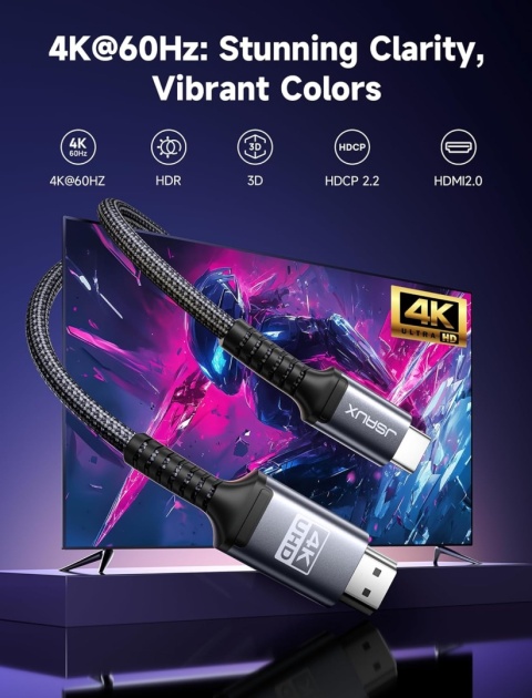 JSAUX Kabel USB C na HDMI 2 m – USB C do HDMI 4K UHD, Thunderbolt 3