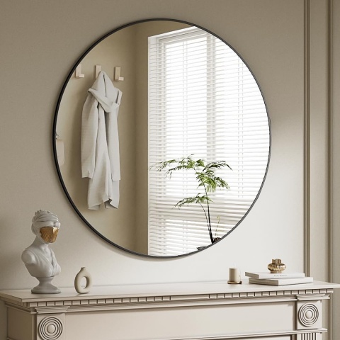 LUSTRO CZARNE OKRĄGŁE ŚCIENNE W RAMIE 90 CM LOFT DO ŁAZIENKI