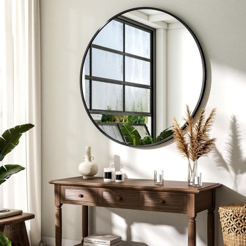 LUSTRO CZARNE OKRĄGŁE ŚCIENNE W RAMIE 90 CM LOFT DO ŁAZIENKI