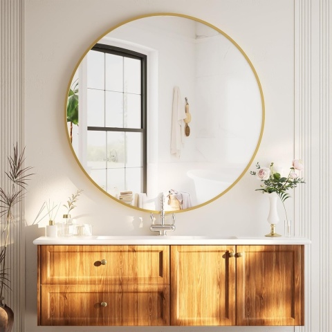 Lustro Okrągłe 106 cm Aluminiowa Rama Lustro Łazienkowe Ścienne