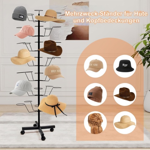MYOYAY Metalowy stojak na kapelusze z kółkami, obrotowa półka z 7 poziomami