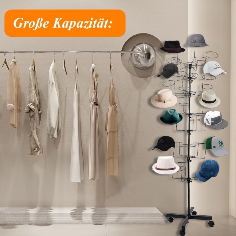 MYOYAY Metalowy stojak na kapelusze z kółkami, obrotowa półka z 7 poziomami