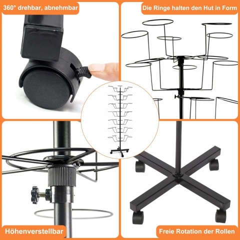MYOYAY Metalowy stojak na kapelusze z kółkami, obrotowa półka z 7 poziomami