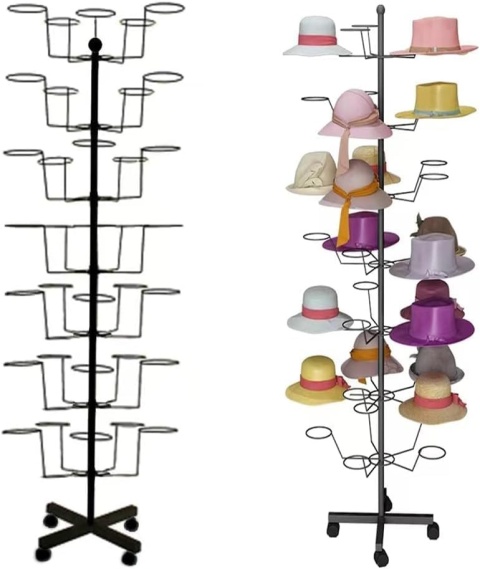 MYOYAY Metalowy stojak na kapelusze z kółkami, obrotowa półka z 7 poziomami