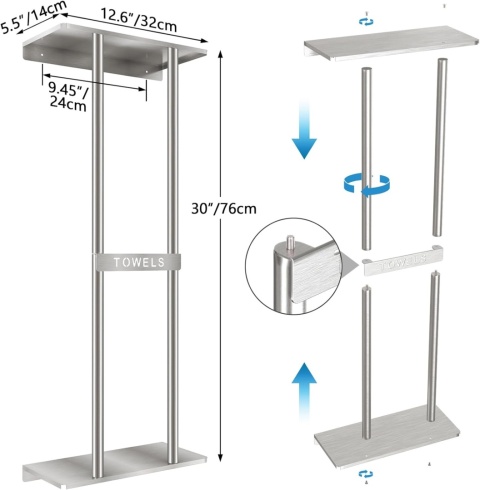 STWWO Wieszak na ręczniki, ścienny, duży regał na ręczniki, do łazienki, 76 cm