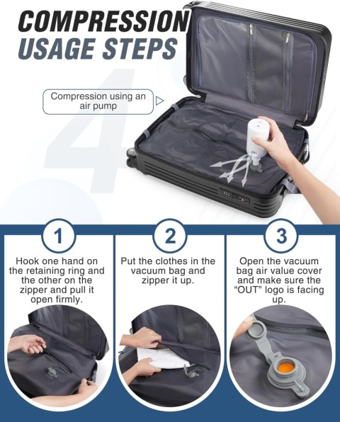 Walizka przenośna z kompresją próżniową, twarda, szyfr, na kolach + pompka