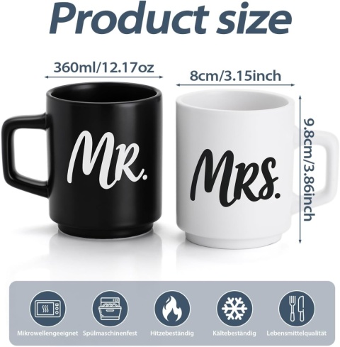 Zestaw kubków na ślub ŻONA & MĄŻ – elegancki prezent ślubny dla nowożeńców