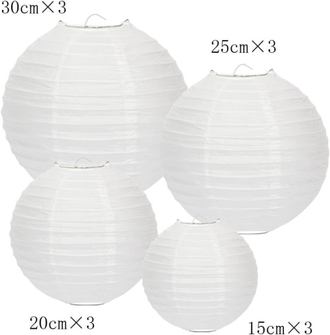 12 białych lampionów papierowych (różne rozmiary) z 12 lampkami LED