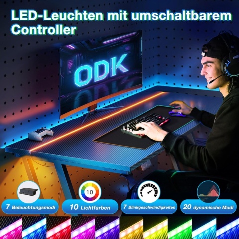 Biurko gamingowe ODK 100 × 50 RGB uchwyt na kubek hak na słuchawki