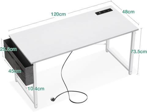 Coleshome Biurko białe, 120 x 48 cm, biurko komputerowe z gniazdkiem