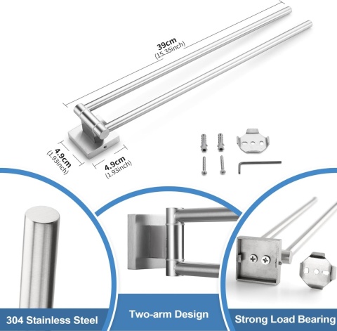 Dvocel Wieszak na ręczniki, obrotowy, 2-ramienny, ze szczotkowanej stali nierdzewnej 304