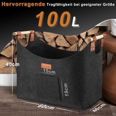 Kosz na drewno kominkowe XXL z podwójną wzmocnioną skórą, 100 l