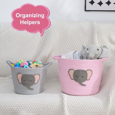 Kosze do przechowywania ze słoniami – zestaw 2 ręcznie tkanych koszy bawełnianych