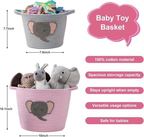 Kosze do przechowywania ze słoniami – zestaw 2 ręcznie tkanych koszy bawełnianych