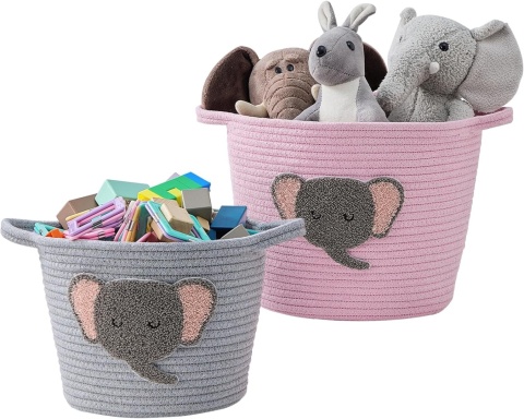 Kosze do przechowywania ze słoniami – zestaw 2 ręcznie tkanych koszy bawełnianych