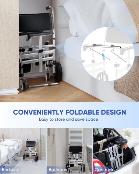 Krzesło prysznicowe na kółkach 3w1 toaletowe z podłokietnikami dla seniorów