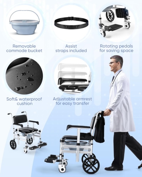 Krzesło prysznicowe na kółkach 3w1 toaletowe z podłokietnikami dla seniorów