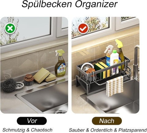 Organizer Do Zlewu ze Stali Nierdzewnej – 23 x 10 x 9 cm, Czarny