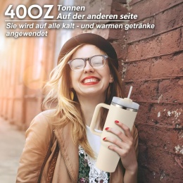 PRAOAHEI Kubek Termiczny ze Słomką i Uchem Podwójne Ścianki 1180 ml.