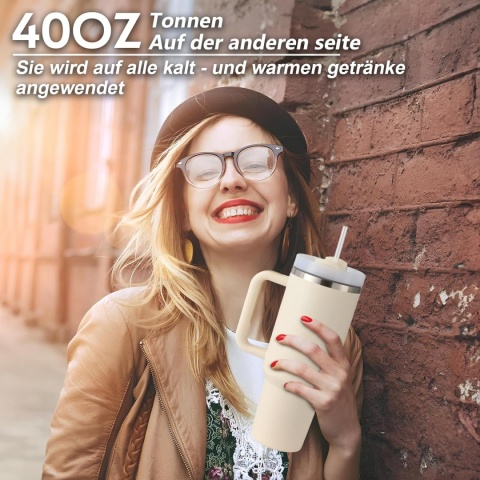 PRAOAHEI Kubek Termiczny ze Słomką i Uchem Podwójne Ścianki 1180 ml.