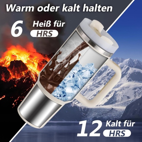 PRAOAHEI Kubek Termiczny ze Słomką i Uchem Podwójne Ścianki 1180 ml.