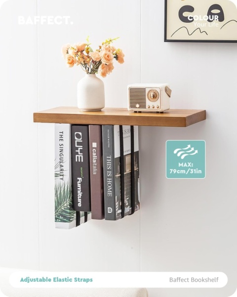 Półka Ścienna 41 cm Brązowa Drewniana z Paskami do Podwieszania Książek