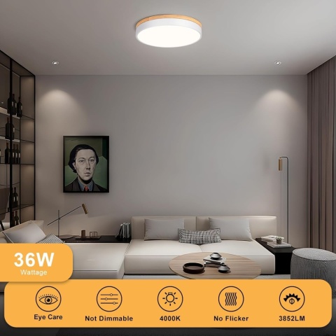 Vikaey Nowoczesna lampa sufitowa LED, biała, 4000 K drewno 40 cm