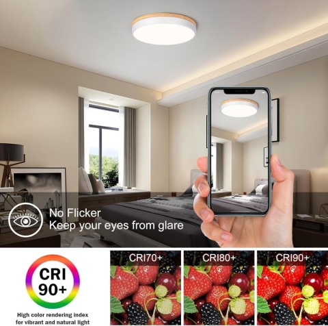 Vikaey Nowoczesna lampa sufitowa LED, biała, 4000 K drewno 40 cm