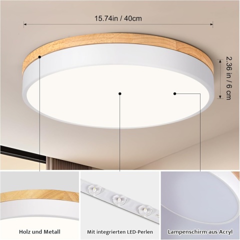Vikaey Nowoczesna lampa sufitowa LED, biała, 4000 K drewno 40 cm