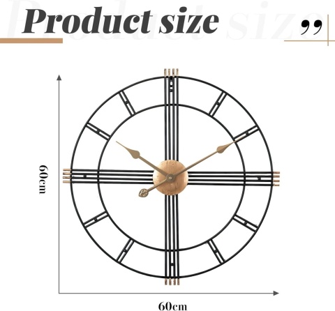 Zegar ścienny Yumyolk, duży, okrągły, metalowy, cichy, 60 cm