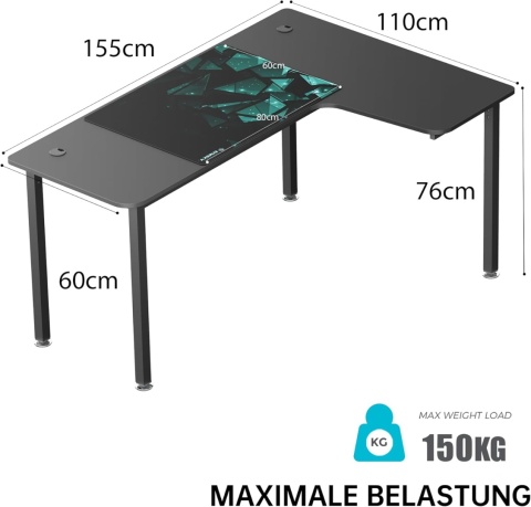 EUREKA ERGONOMIC Biurko narożne, 155 x 110 cm, stół gamingowy