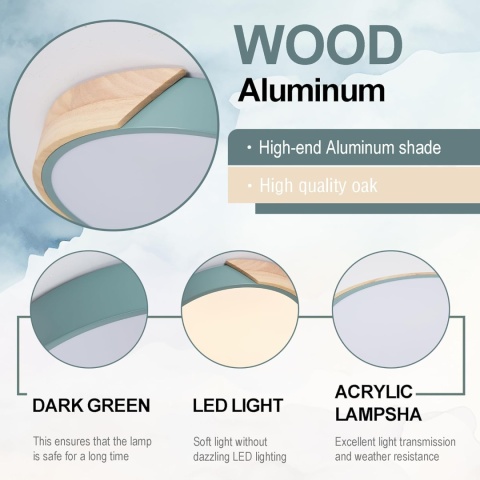 GHiycotdl Lampa sufitowa LED, drewniana, 50 cm, ściemniana