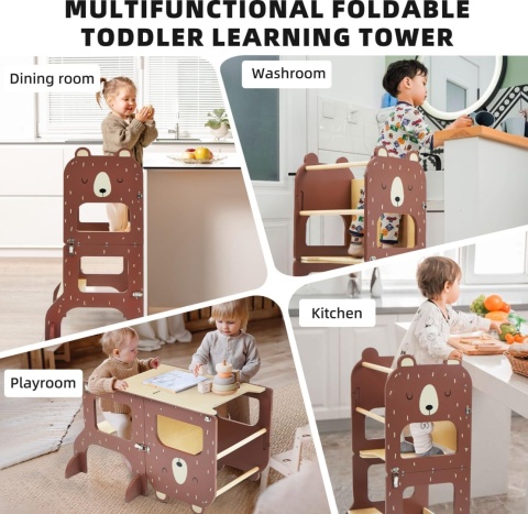 √Wieża do nauki dla dzieci 3w1 z tablicą do rysowania rozkładana na stolik z krzesełkiem