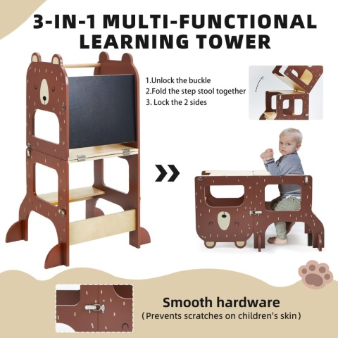 √Wieża do nauki dla dzieci 3w1 z tablicą do rysowania rozkładana na stolik z krzesełkiem