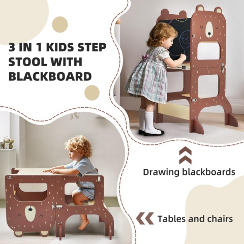 √Wieża do nauki dla dzieci 3w1 z tablicą do rysowania rozkładana na stolik z krzesełkiem